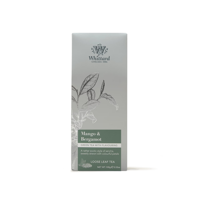 A box of Mango & Bergamot Loose Leaf Tea with a grey and green design, featuring illustrations of tea leaves and product details on the front. This blend combines delicate Chinese green tea with vibrant mango and bergamot flavours, making it perfect for those who enjoy loose leaf green tea with a fragrant twist.