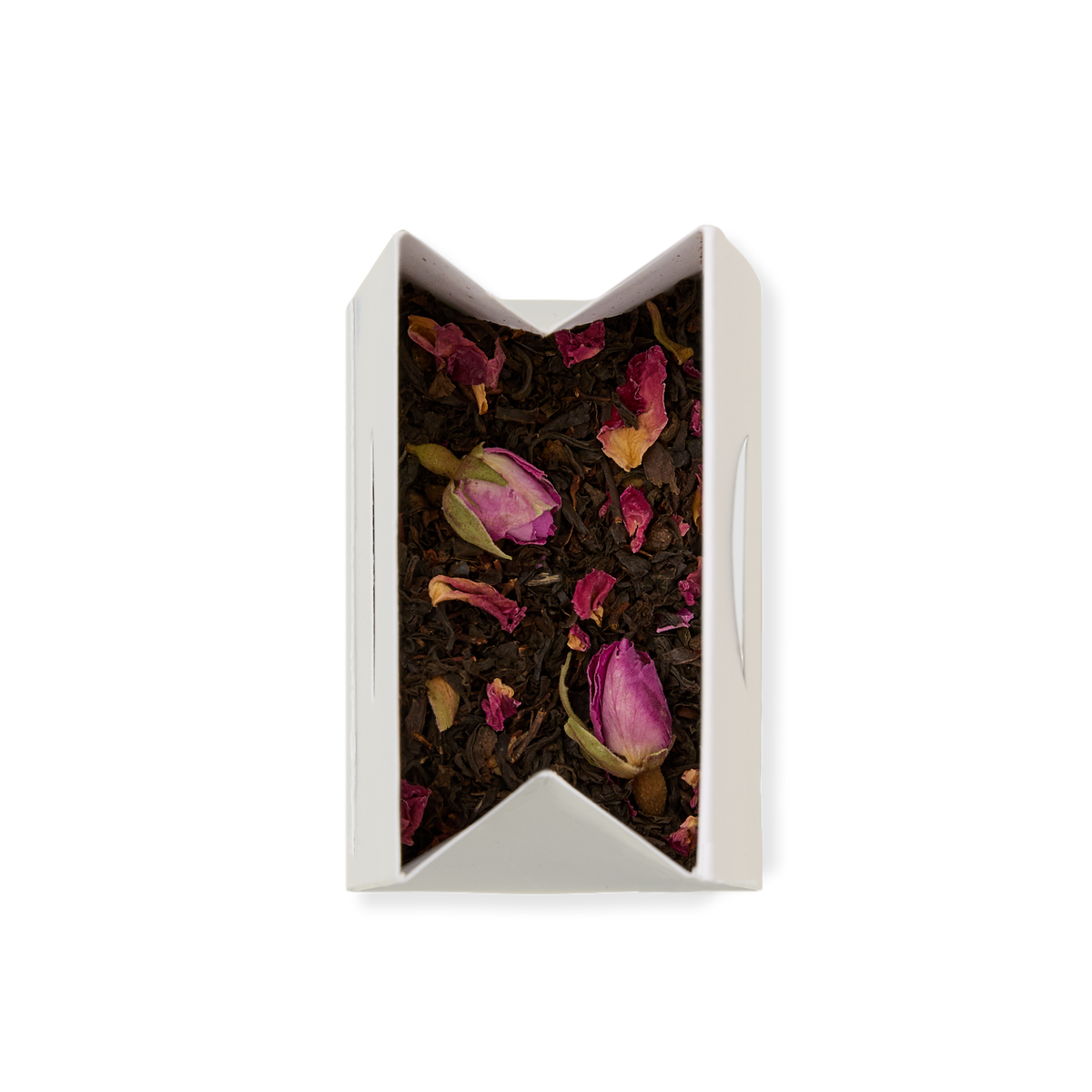 A white rectangular box of English Rose Loose Leaf Tea, featuring a blend of loose leaf tea with pink rose buds and petals, is viewed from above on a plain white background.