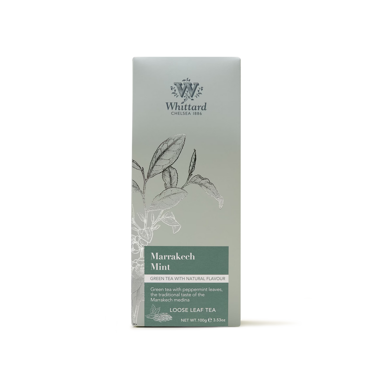 A package of Marrakech Mint Loose Leaf Tea, adorned with botanical illustrations and text highlighting its blend of gunpowder green tea and peppermint. The green box features subtle floral graphics, evoking the tradition of Moroccan mint tea.