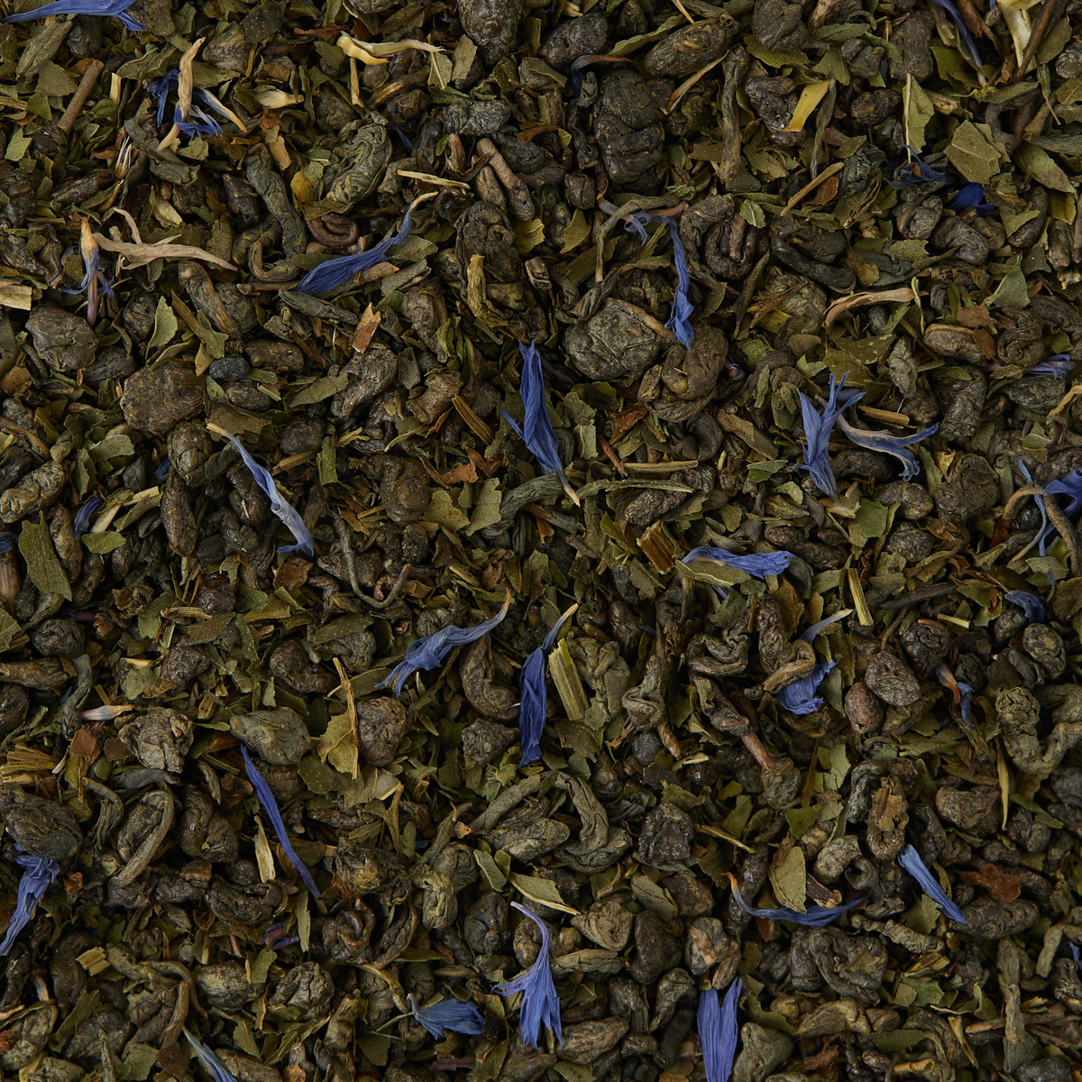 A close-up of Marrakech Mint Loose Leaf Tea, featuring rolled Gunpowder green tea leaves blended with dried blue flower petals and small pieces of green herbs.