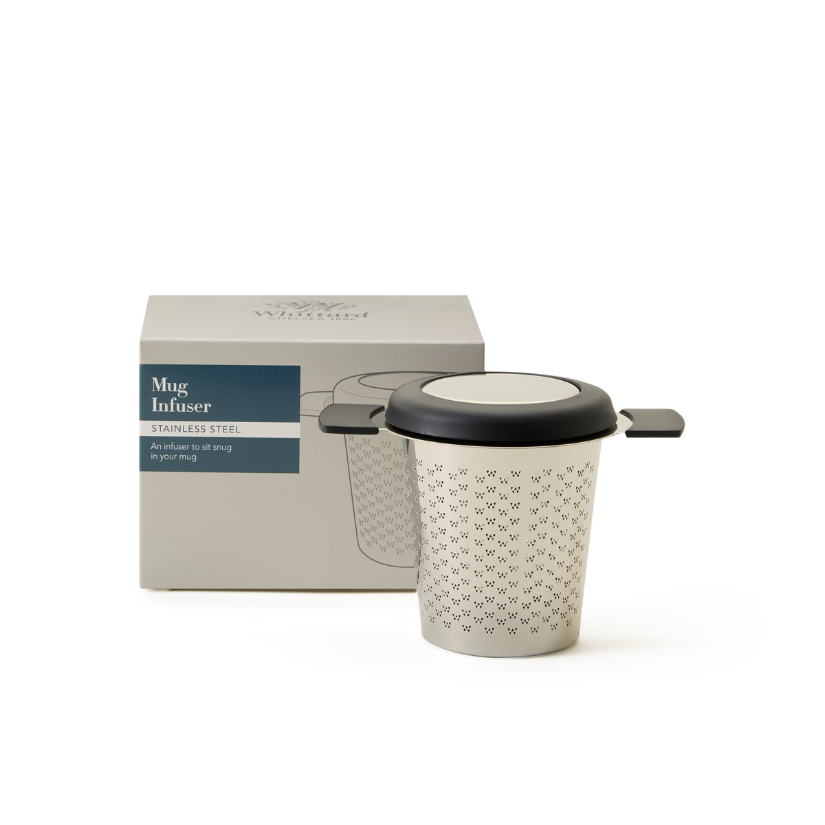 A Mug Infuser with a stainless steel body, black rim, and two handles is displayed in front of its packaging box against a plain white background, making it an ideal addition to your tea accessories collection.
