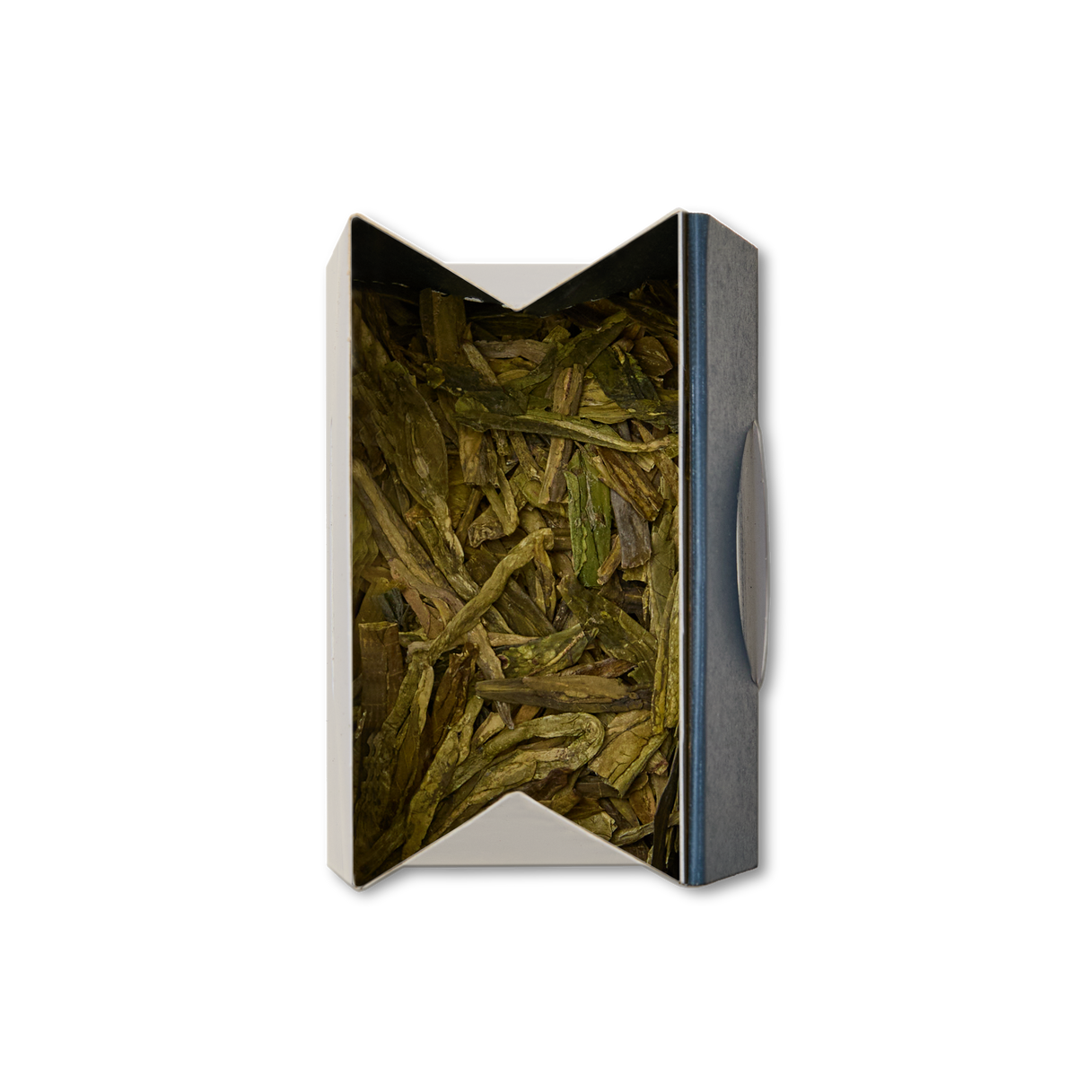 Open box containing Dragon Well Loose Leaf Tea, viewed from above against a white background.