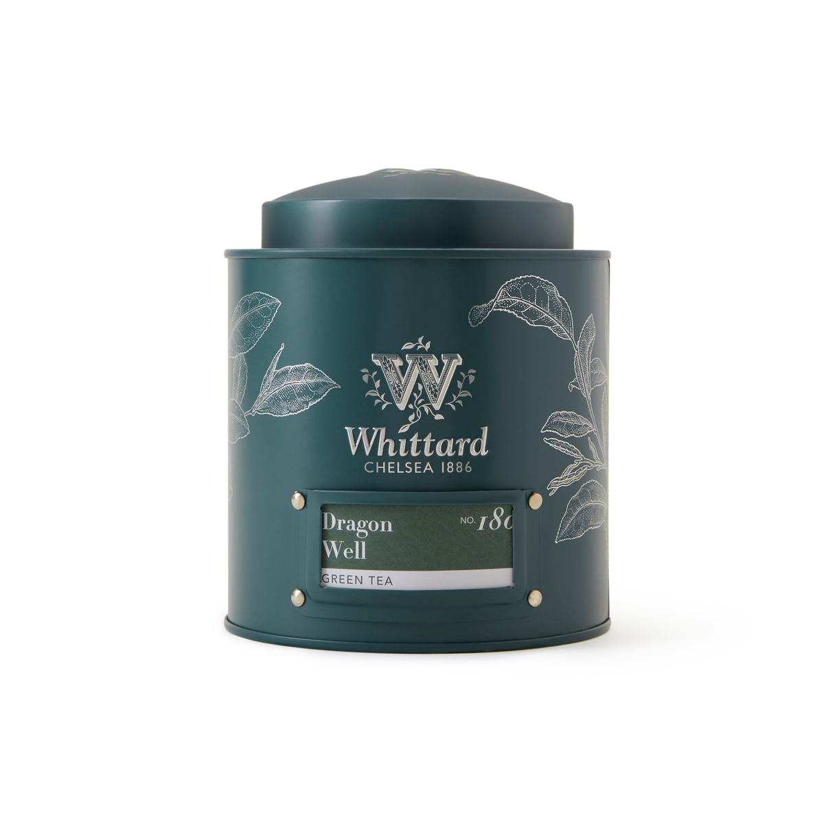 A teal Whittard tea tin decorated with white leaf illustrations is labeled “Dragon Well Loose Leaf Tea” on the front, set against a white background and featuring premium Chinese green tea known as Longjing or Dragon Well tea.