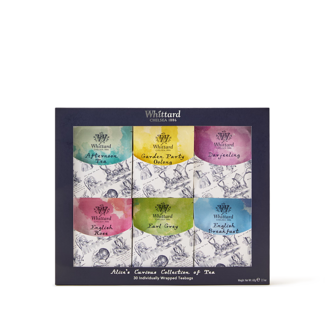 A Whittard Alices Curious Collection of Tea gift box featuring six flavors: Afternoon, Garden Party Oolong, Darjeeling, English Rose, Earl Grey, and English Breakfast, each in its own colorful section.