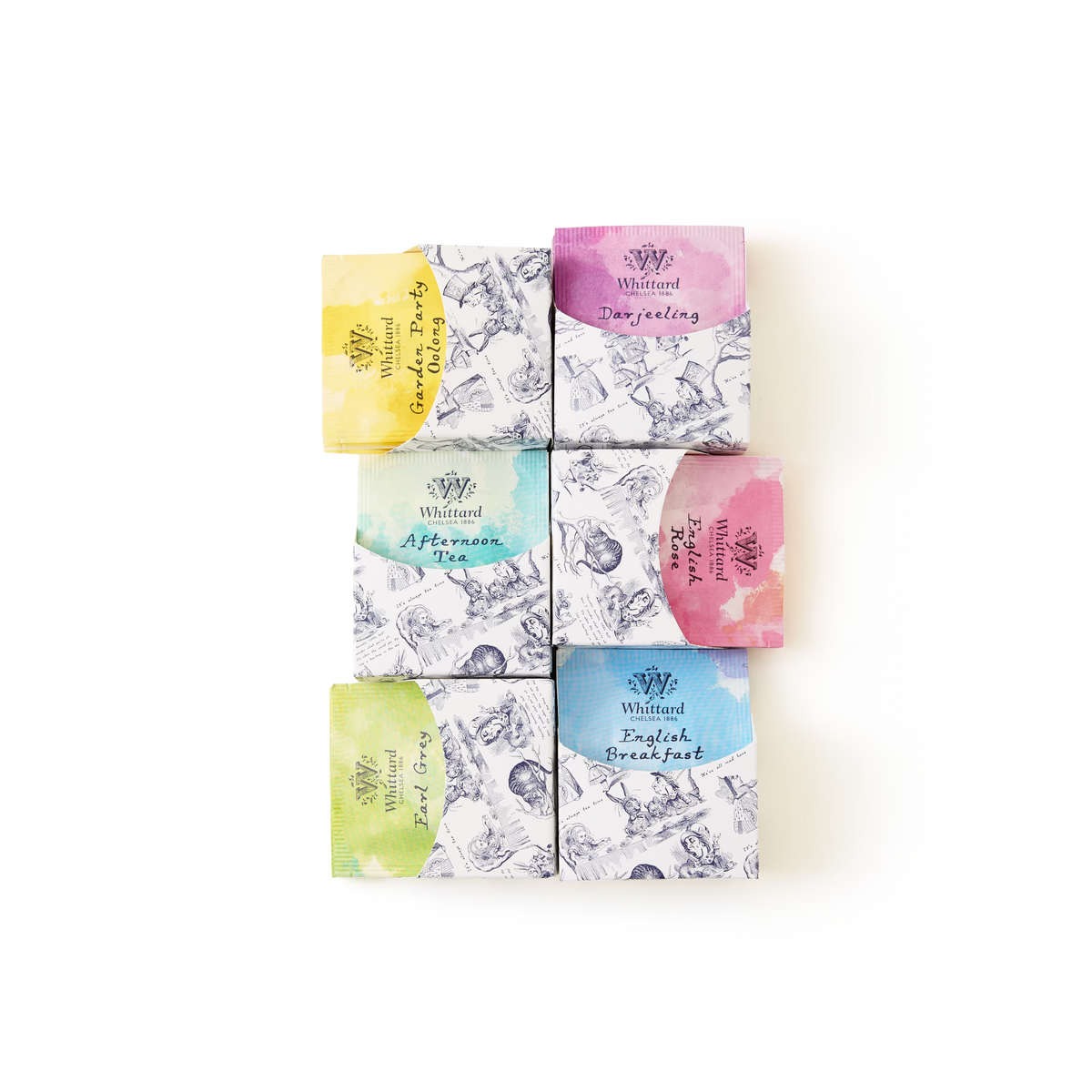 Six colorful Whittard tea boxes are arranged in two columns on a white background. Flavors include Darjeeling, Afternoon, Earl Grey, English Breakfast, and Mango & Bergamot.