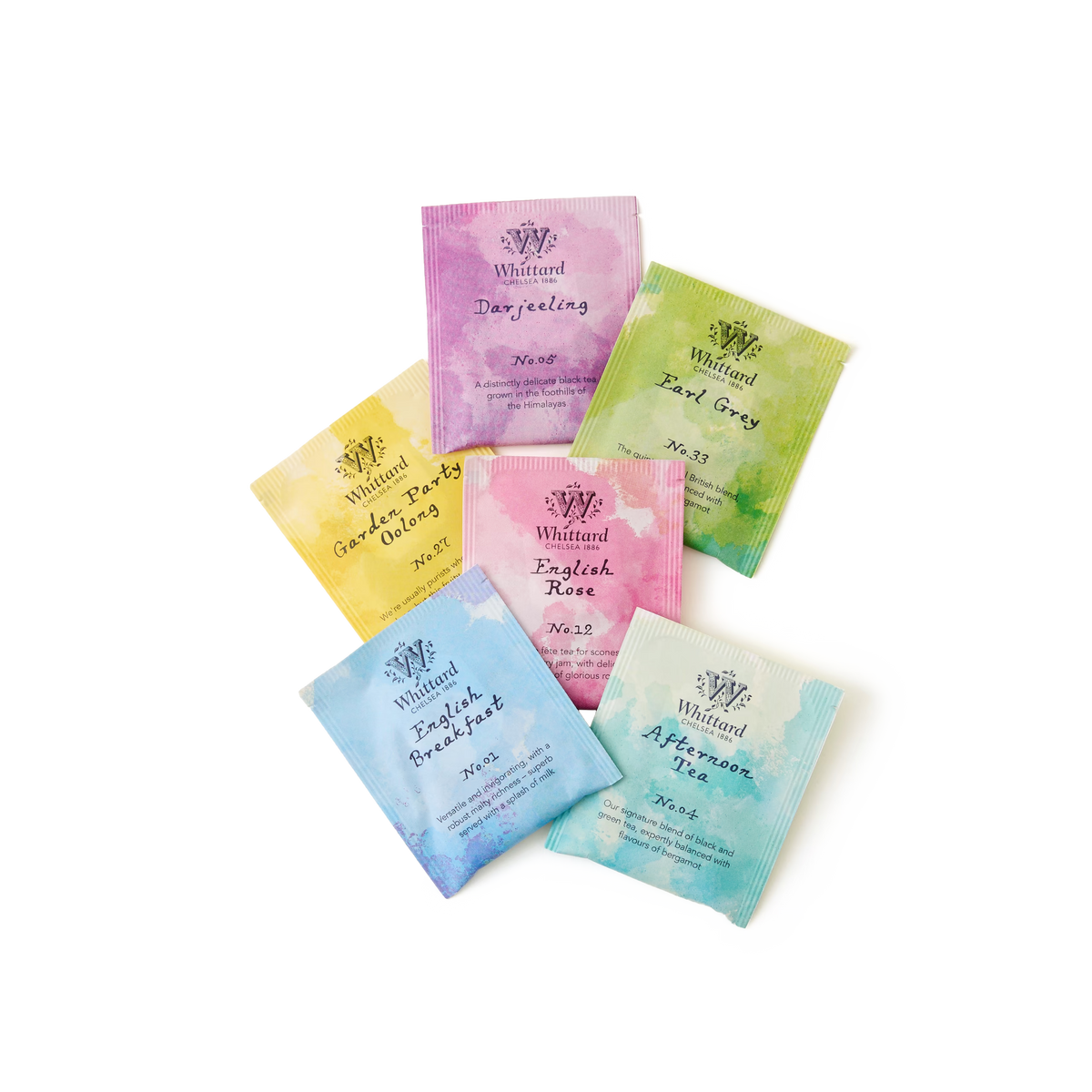 Six colorful tea sachets arranged in a fan shape on a white background, each labeled with a different flavor including Darjeeling, Earl Grey, English Rose, and others.