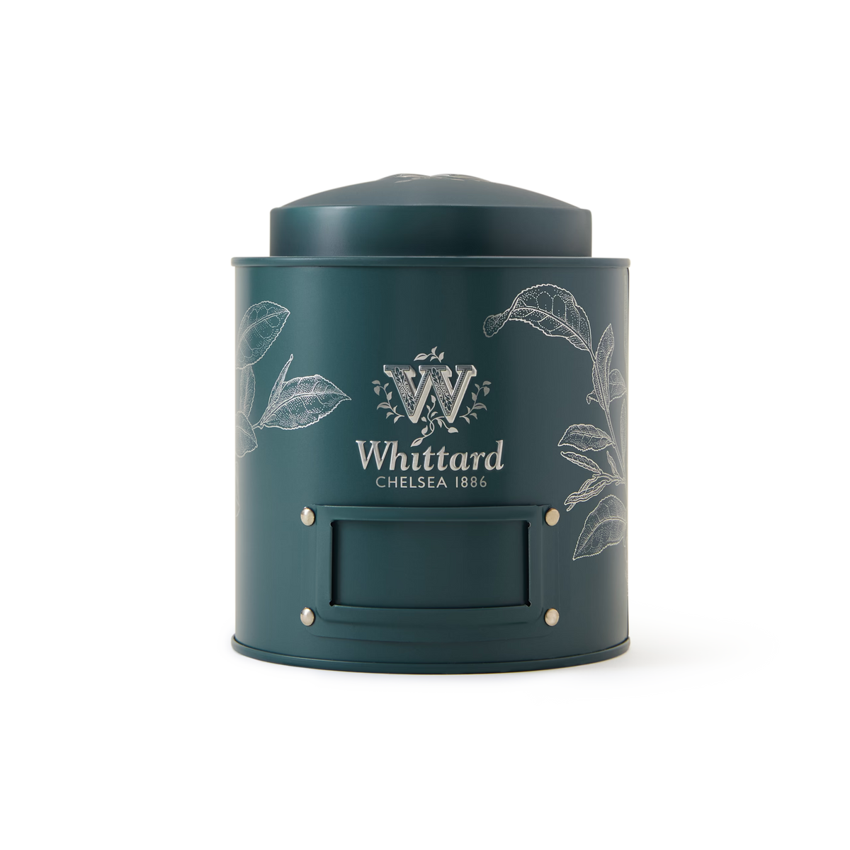 A Fill-Me-Up Blue Caddy with a rich blue finish, featuring white botanical illustrations, a blank label area, and a rounded lid designed for loose leaf tea storage, set against a plain white background.