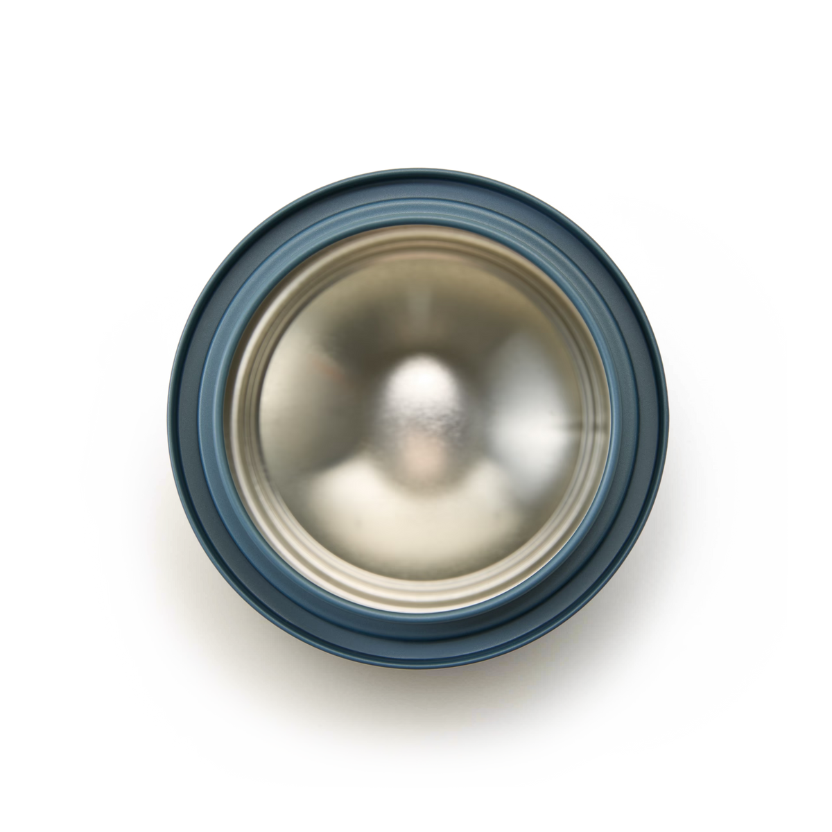 A top-down view of an empty Fill-Me-Up Blue Caddy, a stainless steel insulated cup with a blue rim, placed on a white background.