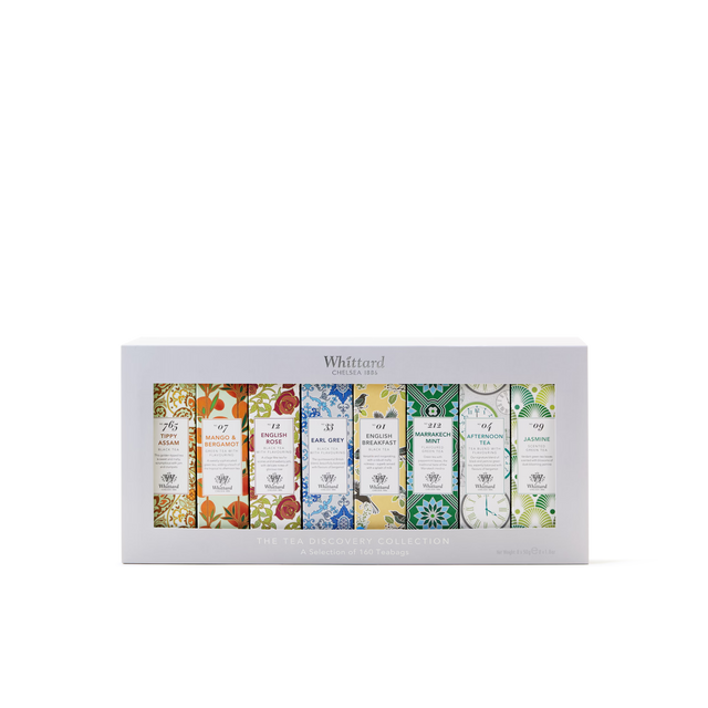 A boxed set of Whittard tea tubes, featuring colorful patterns and labels for varieties like Assam, English Breakfast, Earl Grey, Darjeeling, Jasmine, Moroccan Mint, and English Rose.