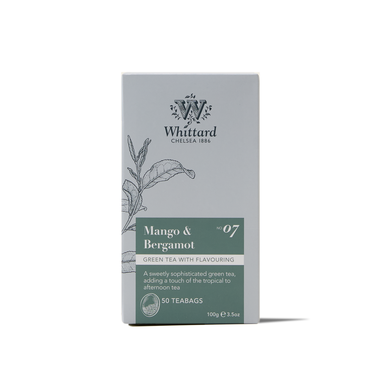 A box of Mango & Bergamot Teabags containing 50 teabags, showcased in packaging with a light blue and green design adorned with leaf illustrations and text highlighting the vibrant mango bergamot flavor.