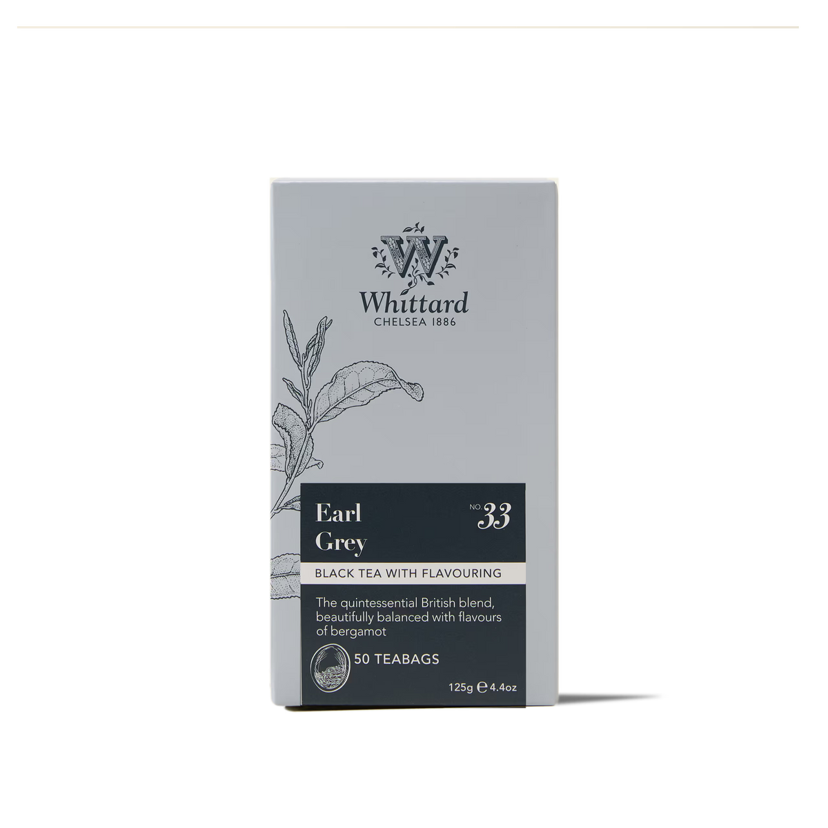 Box of Whittard Earl Grey No. 33 black tea containing 50 teabags.