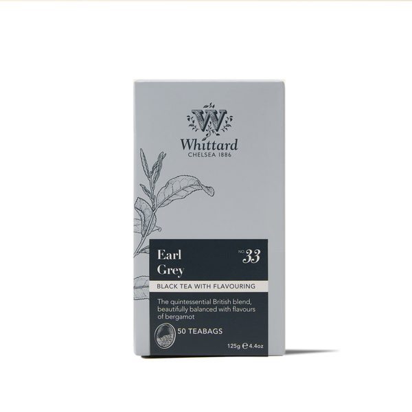 A box of Earl Grey Teabags featuring an illustration of tea leaves. The label describes it as British black tea with flavouring and a hint of bergamot, containing 50 teabags with a net weight of 125g (4.4oz).
