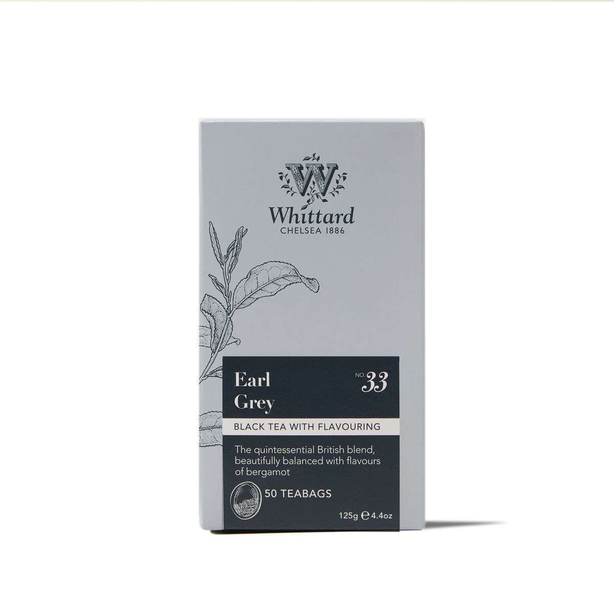 A box of Earl Grey Teabags featuring an illustration of tea leaves. The label describes it as British black tea with flavouring and a hint of bergamot, containing 50 teabags with a net weight of 125g (4.4oz).