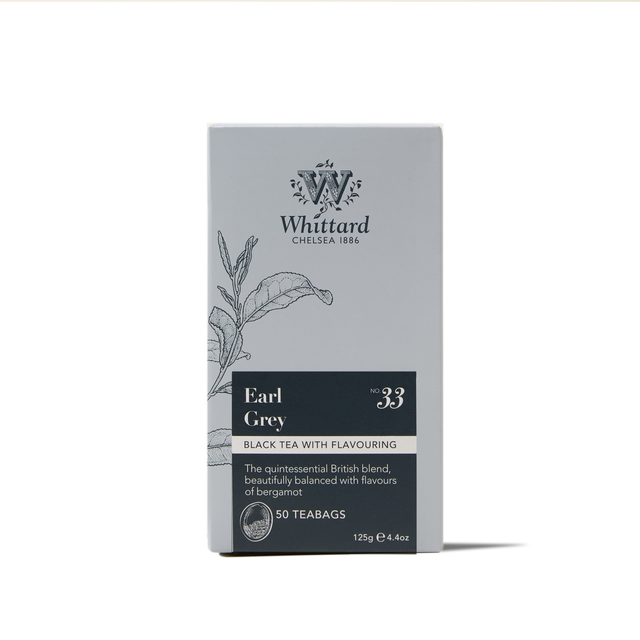 A box of Earl Grey Teabags featuring an illustration of tea leaves. The label describes it as British black tea with flavouring and a hint of bergamot, containing 50 teabags with a net weight of 125g (4.4oz).