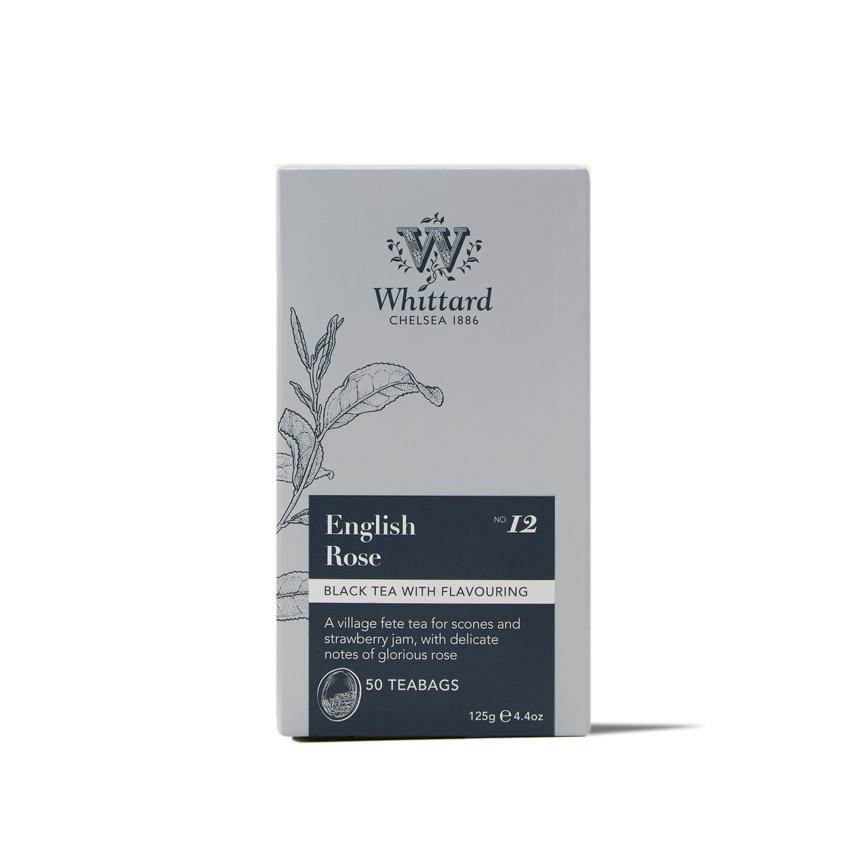 A box of English Rose Teabags featuring floral illustrations, labeled Black Tea with Flavouring. The light gray packaging with elegant dark text contains 50 teabags.