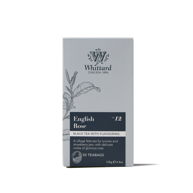 A box of English Rose Teabags featuring floral illustrations, labeled Black Tea with Flavouring. The light gray packaging with elegant dark text contains 50 teabags.