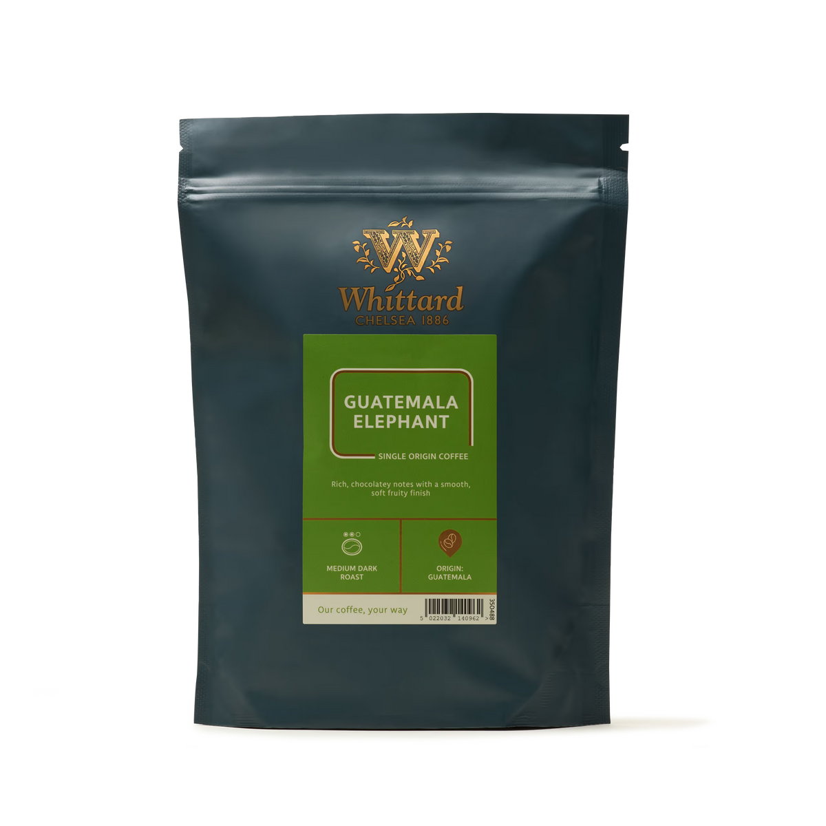 A dark packet of Whittard Guatemala Elephant Coffee features gold and green labels showcasing product details and coffee origin information on the front. Crafted from large, volcanic coffee beans sourced from Guatemala, this single origin coffee offers a bold and distinctive flavor profile.