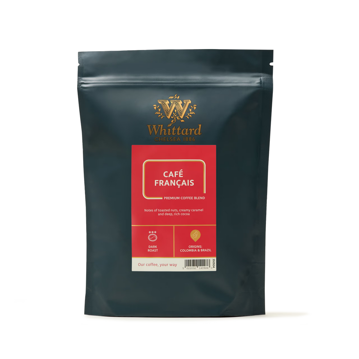 A dark bag of Café Français Coffee by Whittard, featuring a red label, gold logo, and flavor notes of toasted nuts, creamy caramel, and deep, rich cocoa—a chocolatey coffee experience inspired by Brazilian coffee traditions.