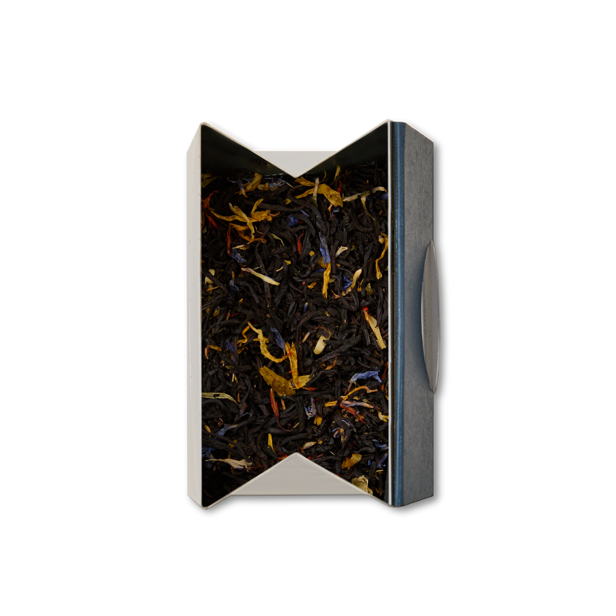 An open box of Covent Garden Blend Loose Leaf Tea, with colorful flower petals mixed among dark tea leaves, viewed from above on a white background.