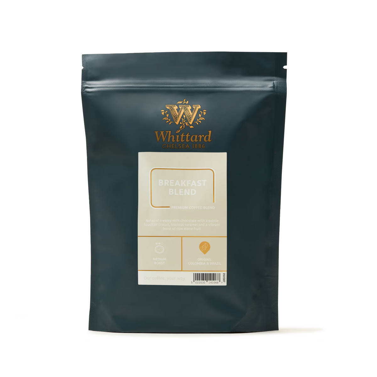 A dark green bag of Whittard Breakfast Blend Coffee stands upright, adorned with gold and cream labeling that displays the Whittard logo, product name, and blend details against a plain white background. Expertly crafted as a medium roast from select Brazilian and Colombian coffee beans, this blend offers a rich, balanced flavor in every cup.