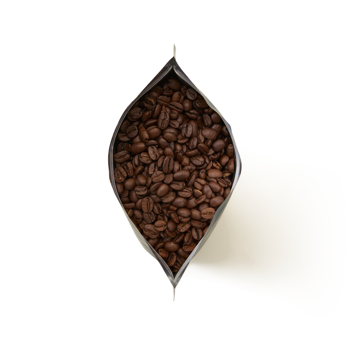 A top-down view of an open bag of Breakfast Blend Coffee filled with whole coffee beans, against a white background.
