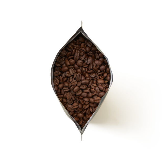 A top-down view of an open bag of Breakfast Blend Coffee filled with whole coffee beans, against a white background.