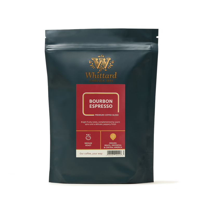 A dark bag of Bourbon Espresso Coffee featuring a red label with gold text, set against a plain white background.