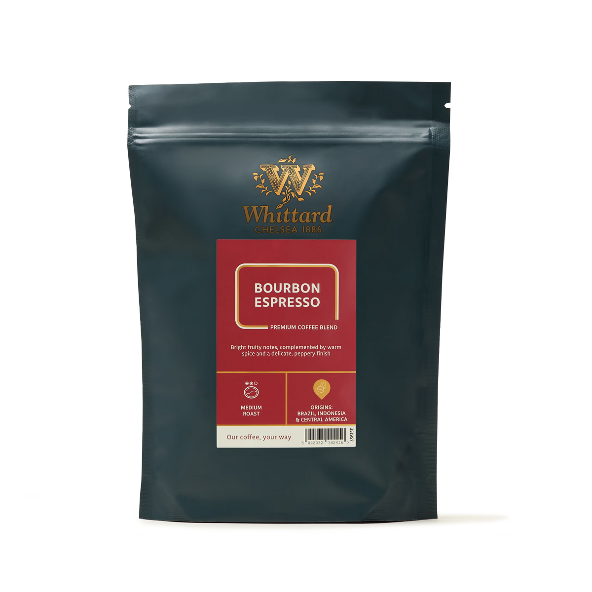 A dark green bag of Bourbon Espresso Coffee features a red label, gold logo, and text describing it as a medium roast coffee with spicy and cedary notes. This premium whole bean coffee offers a distinctive blend for those who appreciate refined flavor and aroma.