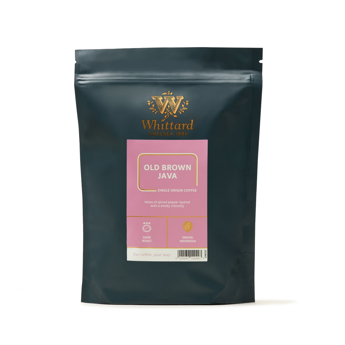 A dark green bag of Old Brown Java Coffee, a single-origin aged Java coffee from Whittard, with a pink label featuring gold and white text and a resealable top.