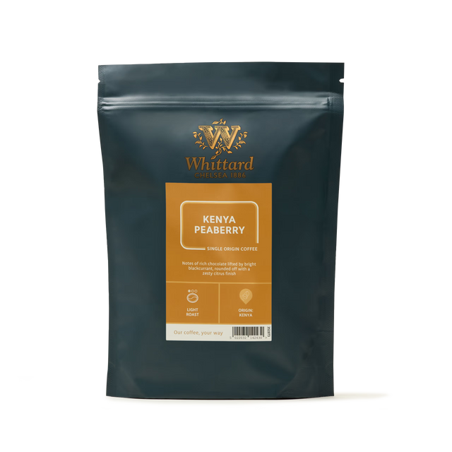 A dark green bag of Kenya Peaberry Coffee with a gold label features tasting notes and origin details—including the rich profile characteristic of Kenya Nyeri coffee—displayed against a white background. Perfect for enjoying as an aromatic cold brew or your favorite hot preparation.