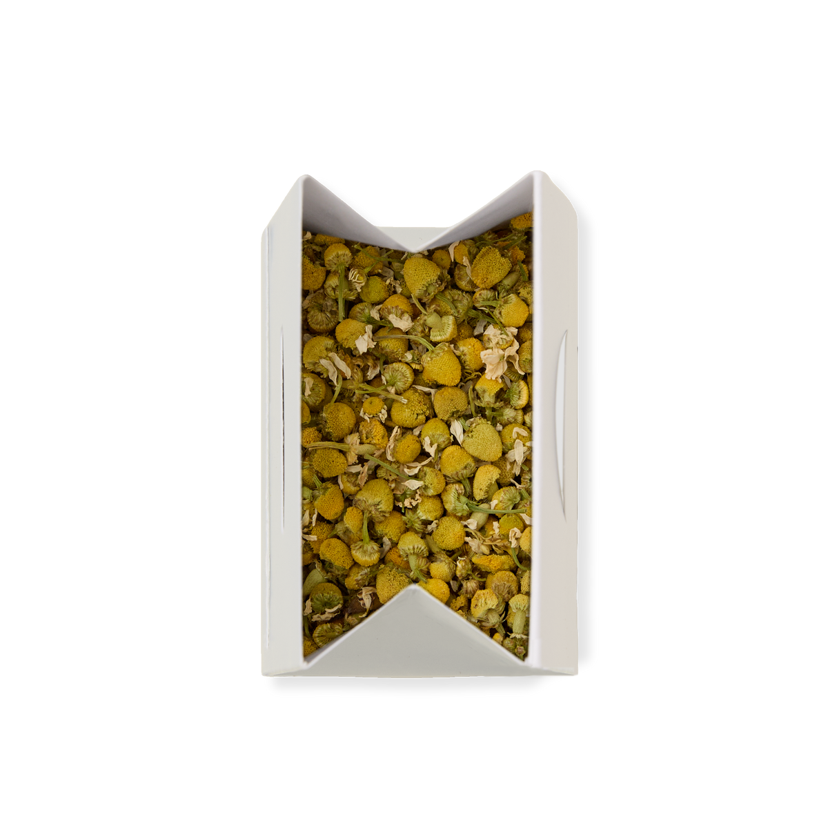Camomile Loose Infusion displayed in a white, V-shaped paper container, viewed from above on a white background.