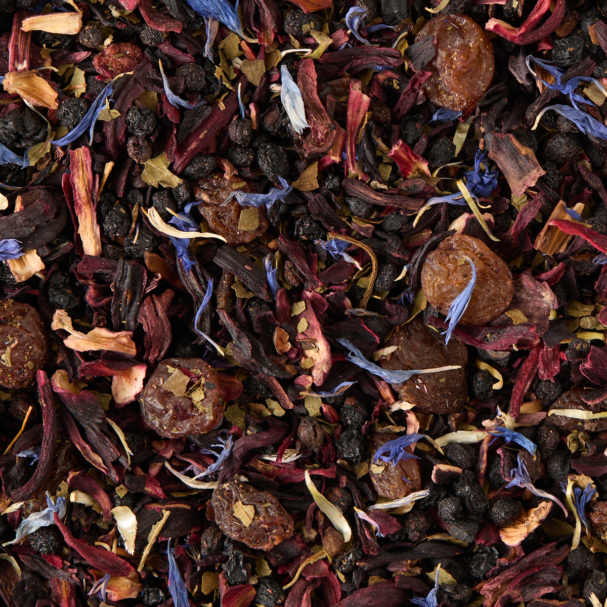 A close-up of Very Berry Crush Loose Infusion, a vibrant blend featuring dried hibiscus petals, raisins, blue cornflower petals, and a medley of dried berries in rich shades of red, purple, blue, and brown.