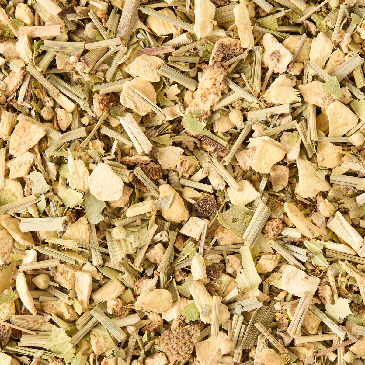 A close-up of Lemon & Ginger Loose Infusion, featuring dried pieces of lemongrass, ginger, and other herbs in light green and beige tones.