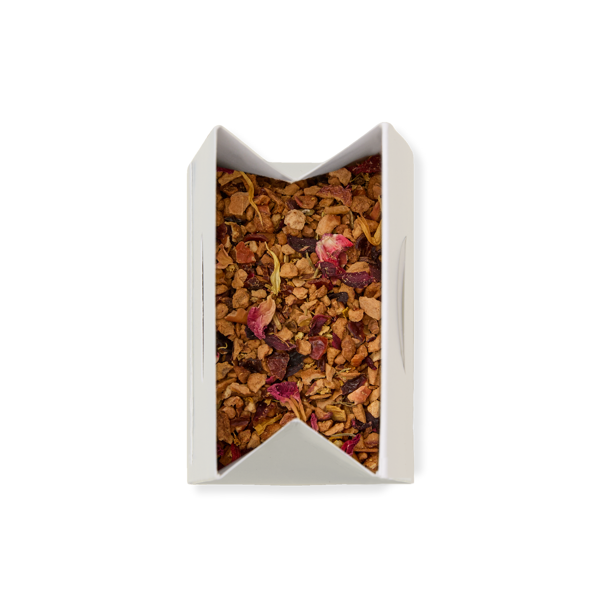 A white rectangular box with open flaps containing Sleepy Loose Infusion—a blend of dried fruit and flower pieces—viewed from above on a white background.