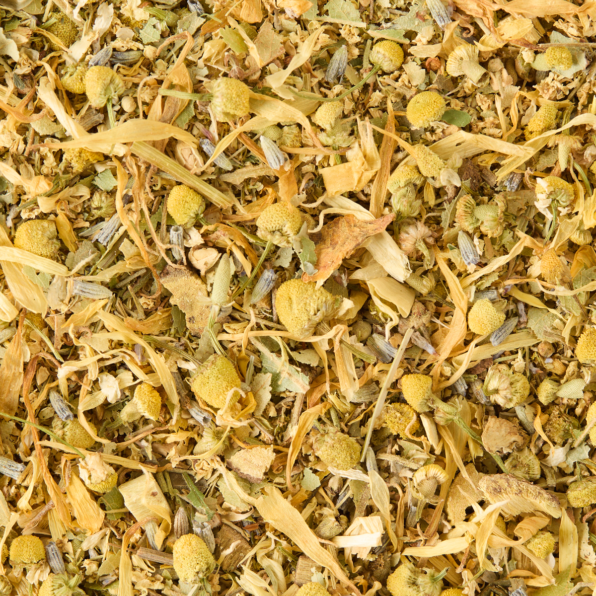A close-up of Sleepy Loose Infusion reveals a textured and colorful herbal tea blend featuring dried chamomile flowers, yellow buds, shredded petals, and small greenish stems.