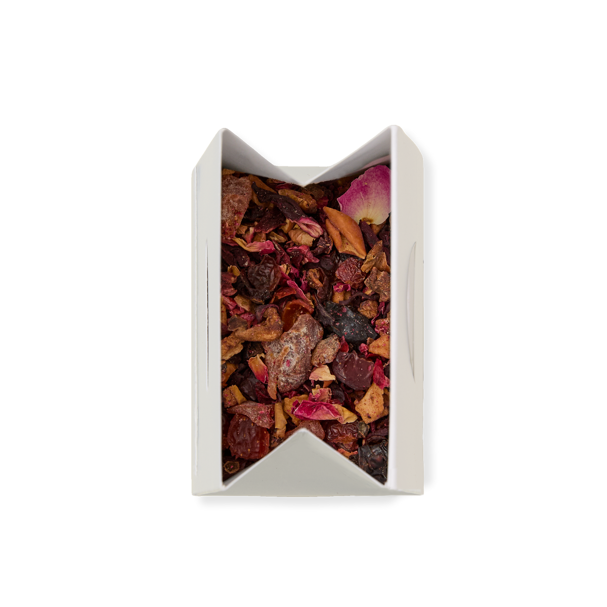 Peach, Raspberry & Rose Loose Infusion in a white, rectangular, origami-style paper box, viewed from above on a white background.