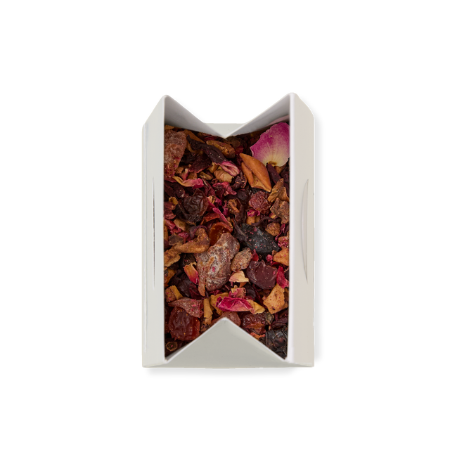 Peach, Raspberry & Rose Loose Infusion in a white, rectangular, origami-style paper box, viewed from above on a white background.