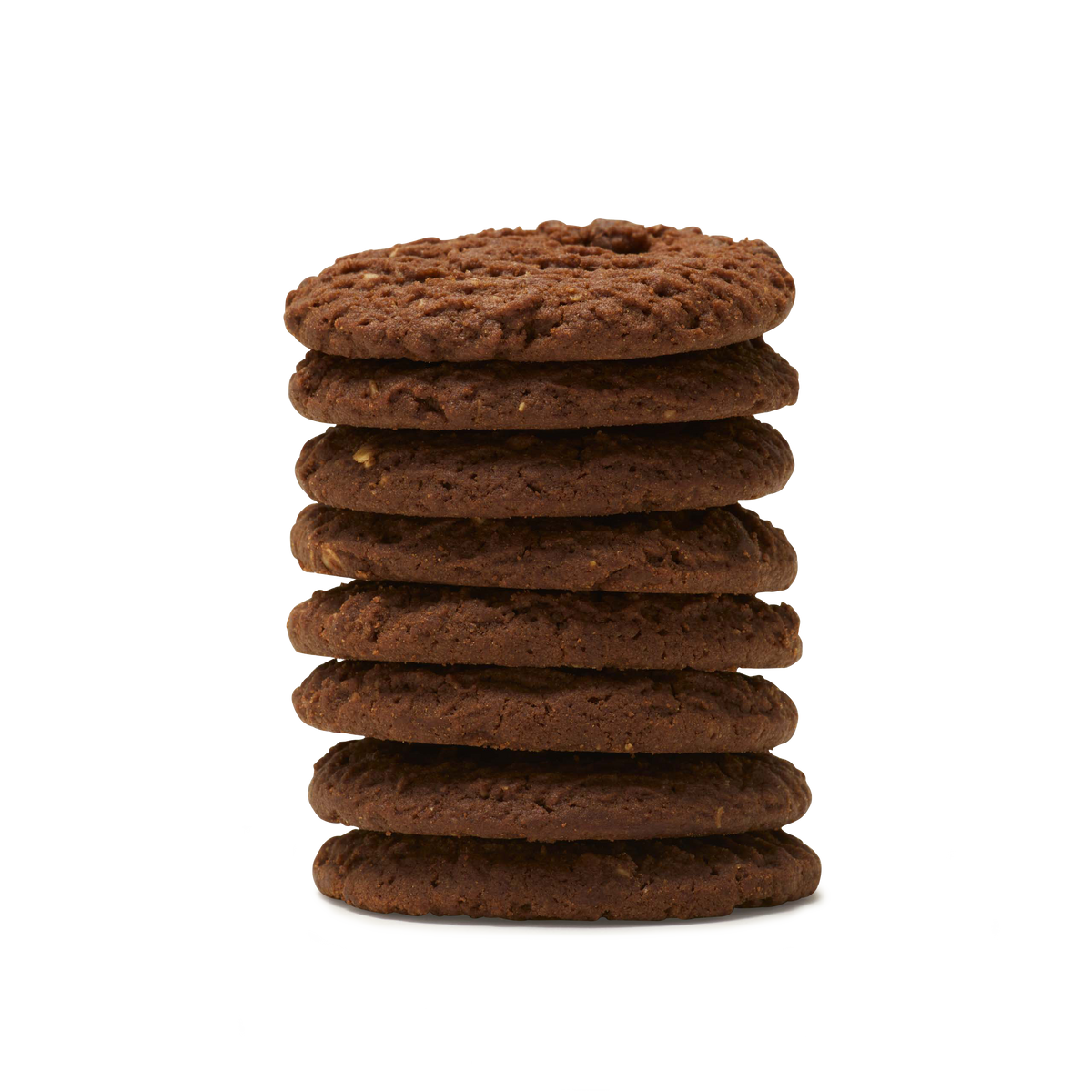A stack of eight round Triple Chocolate Biscuits, crafted with rich dark chocolate, is arranged neatly against a plain white background.