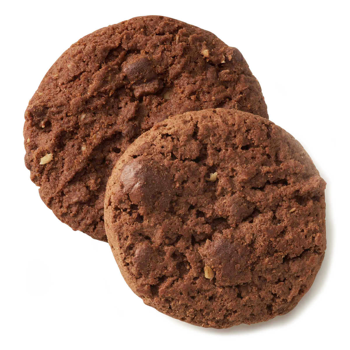 Two Triple Chocolate Biscuits overlap each other on a white background. The indulgent biscuits appear soft, with visible dark chocolate chunks and a slightly crumbly texture.