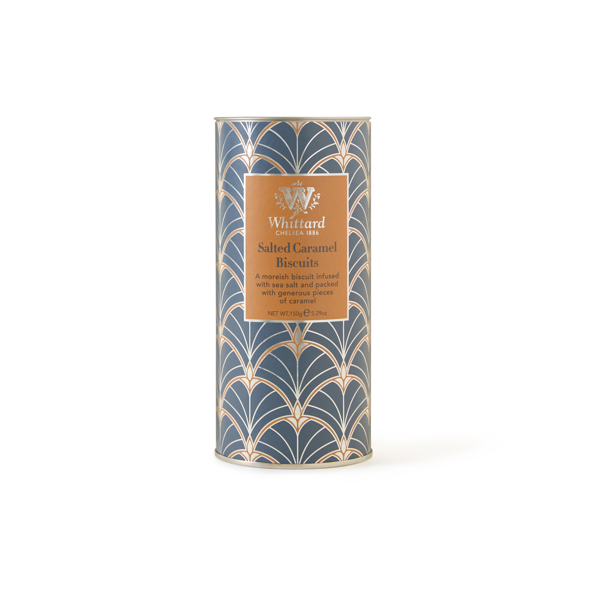 A tall cylindrical tin of Whittard Salted Caramel Biscuits with a blue and gold art deco pattern and a brown label on the front.