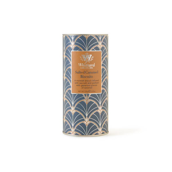 A cylindrical tin of Salted Caramel Biscuits, featuring a striking blue and gold art deco pattern and a gold label describing these delicious sea salt biscuits.