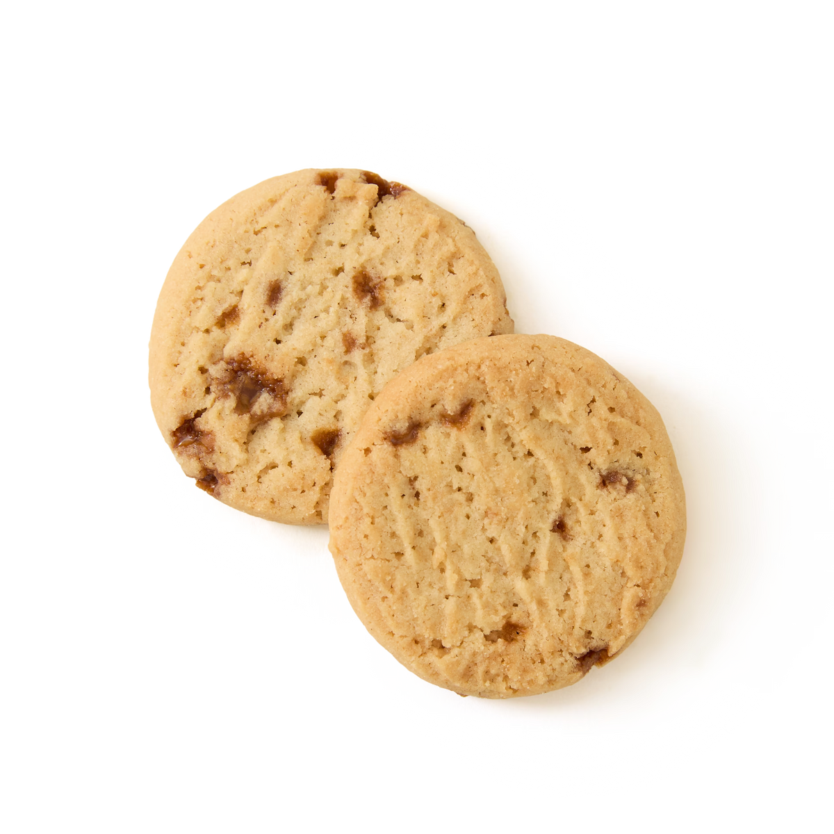 Two golden-brown Salted Caramel Biscuits are positioned side by side on a white background, each studded with rich chocolate chunks.