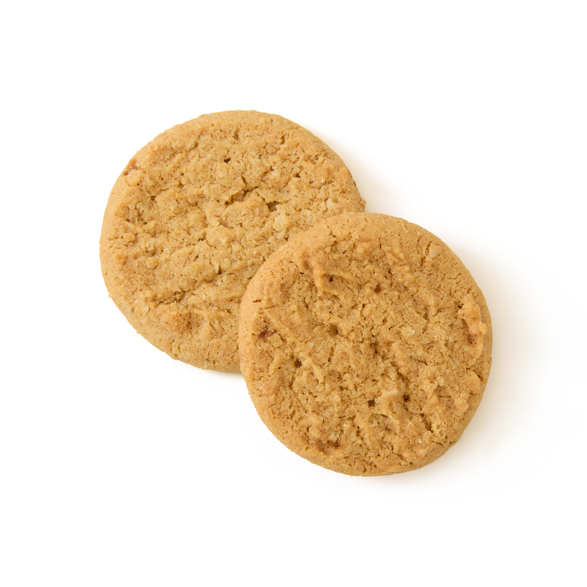 Two round, golden-brown cookies with a slightly crumbly texture are overlapping on a plain white background.