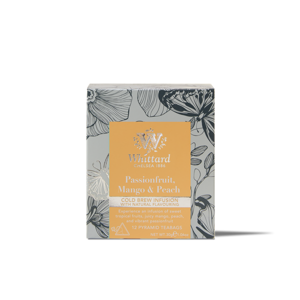 A box of Cold Brew Passionfruit, Mango & Peach Infusion Pyramid Teabags with floral packaging, containing 12 pyramid teabags.