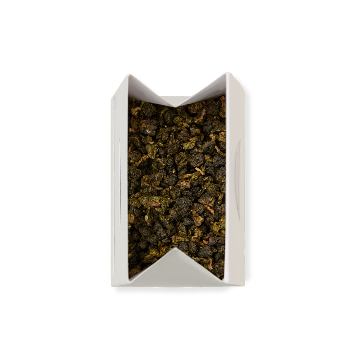 A white rectangular box with an open top, filled with Milk Oolong Loose Leaf Tea featuring dark green and brown leaves, viewed from above on a plain white background.
