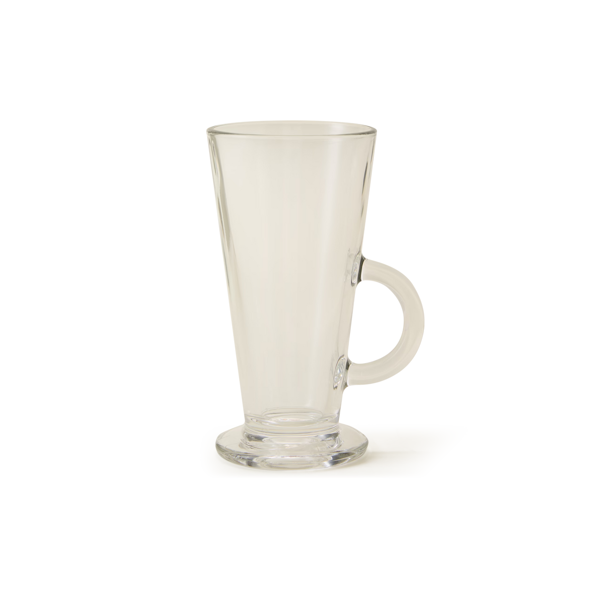 The SoHo Glass mug, expertly crafted from sturdy soda glass and featuring a distinctive round handle and wide base, is showcased here against a plain white background for a timeless cafe-style look.