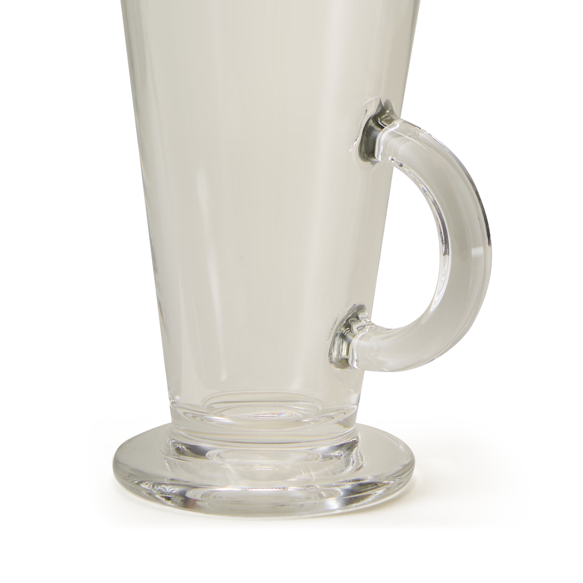 Close-up of the lower half of a SoHo Glass soda mug, featuring a round base and curved handle, set against a plain white background.