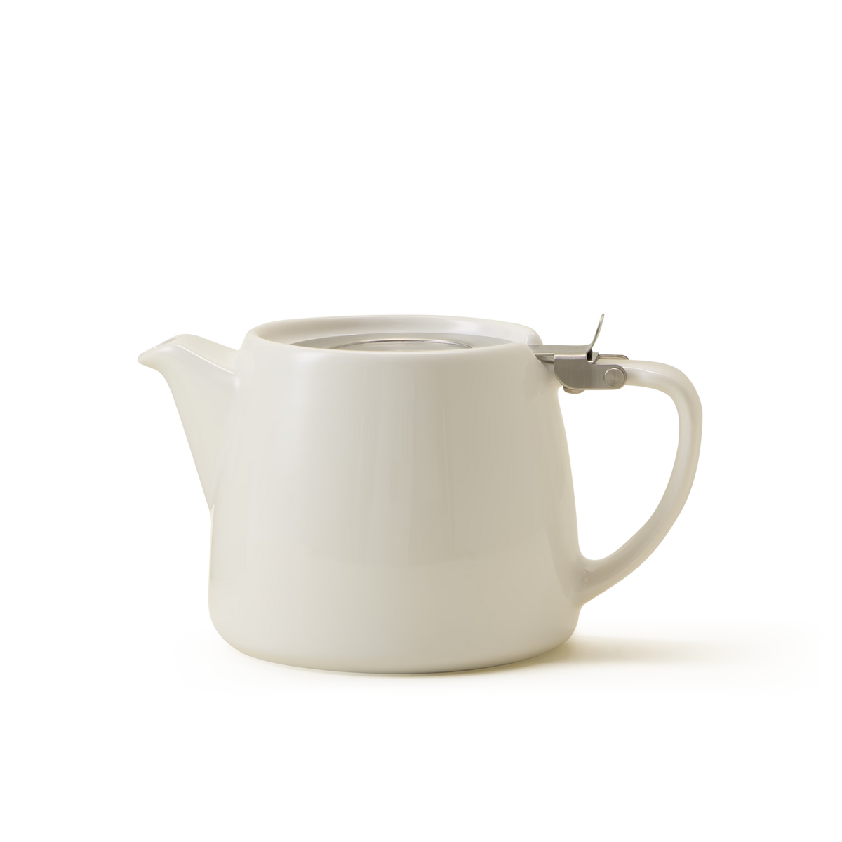 White ceramic teapot with a stainless steel lid and a handle, shown against a plain white background.