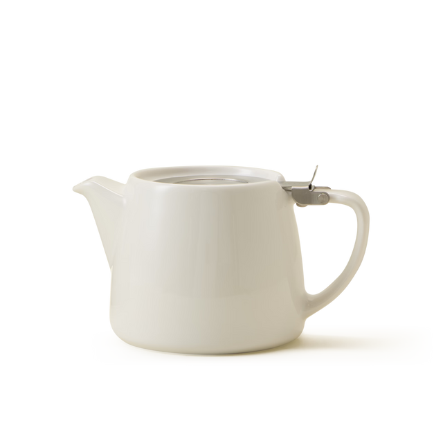 White ceramic teapot with a stainless steel lid and a handle, shown against a plain white background.