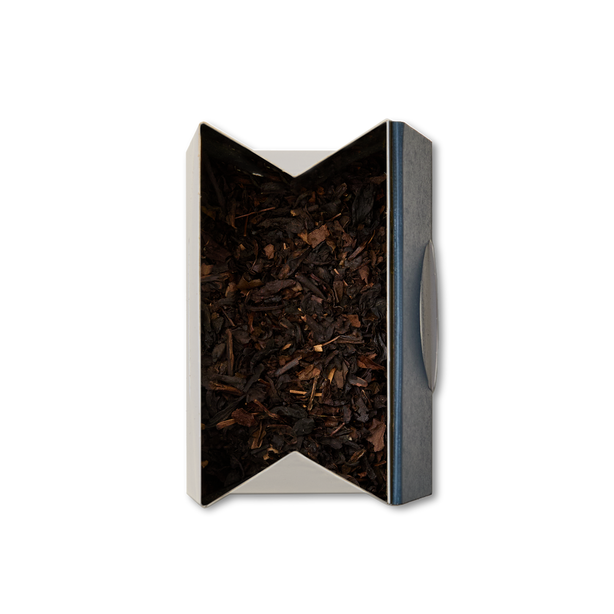An open rectangular box of Peach Oolong Loose Leaf Tea, viewed from above against a white background. The box features white sides with a dark blue edge and is filled with aromatic tea leaves inside.